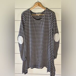 Umgee Striped Long Sleeve Top with Lace Elbow Patches 1XL